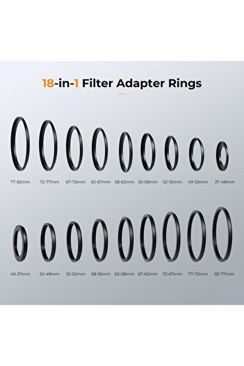 K&F CONCEPT 18-Piece Filter Adapter Ring Set (9 Step-Up + 9 Step-Down) - Black