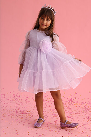Le Mabelle Lilac Polka Dot Girl's Dress with Rose Accessories - Belinda