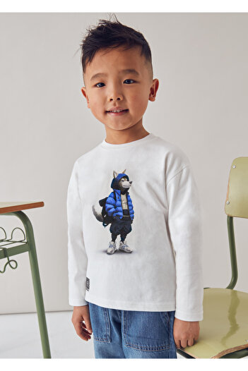 MAYORAL Long Sleeve T-Shirt for Ages 4-10 - Cream