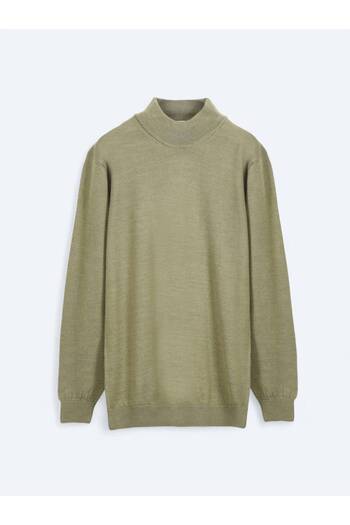 Kip Light Green Half Turtleneck Plain Knit Wool Blend Sweater