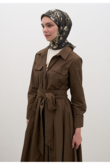 Fresh Midnight Rose Pattern Cotton Viscose Scarf Khaki