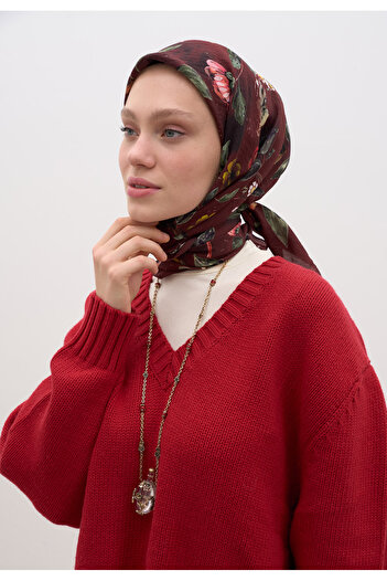 Fresh Flower Rain Pattern Cotton Viscose Scarf Burgundy
