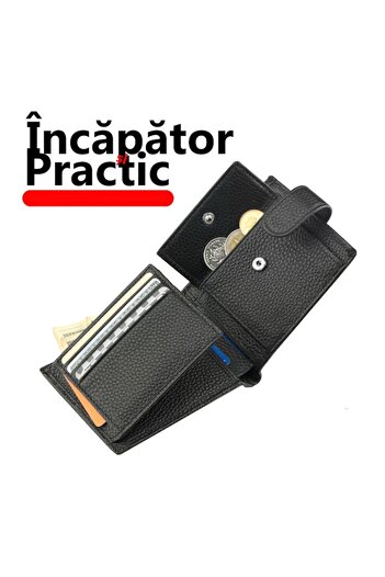 PriStyle Premium Men's Wallet - Genuine Bull Leather, RFID Protection, Romanian ID/License Slot, Bla