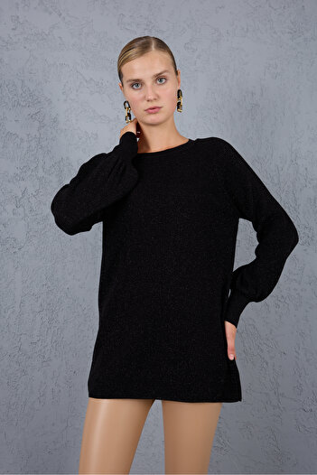 Moda Days Women's Black Raglan Balloon Sleeve Crew Neck Glitter Knit Sweater