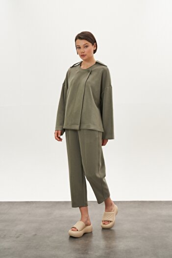 Mevra Front Stitched Modal Pants Jacket Bottom Top Set Khaki
