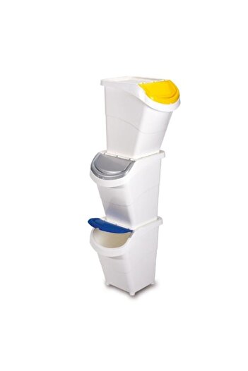 gensini 40 L Plastic Trash Bin, Stackable, White, , for Sorting Laundry, with Lid - Set of 3