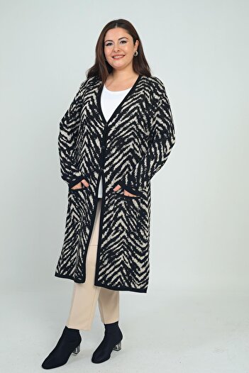 By Saygı Women's Zebra Patterned Large Size Knitwear Long Cardigan with Pockets