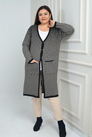 By Saygı Women's Herringbone Patterned Large Size Long Knit Cardigan with Pockets