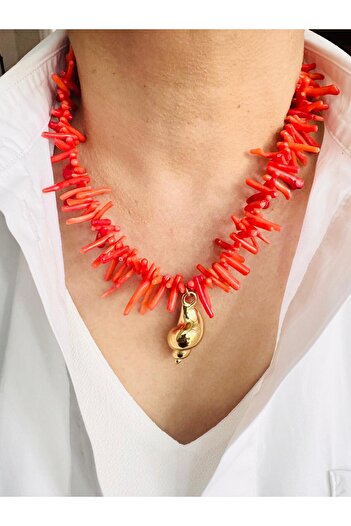 DEVİ fashion Devilux Coral Natural Stone Snail Necklace 45 cm