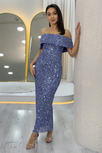 the ZKS Women's Madonna Collar Sequin Embroidered Pencil Midi Length Evening Dress Baby Blue