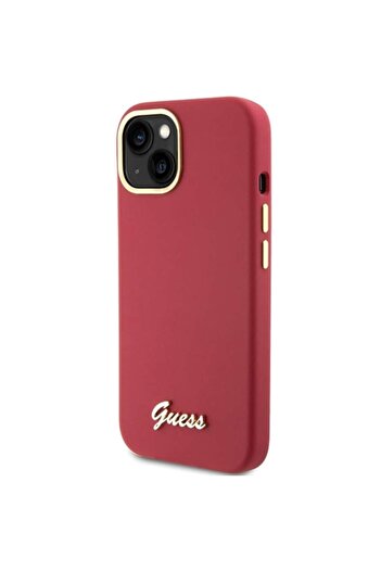 Guess case for iPhone 15 - Magenta HC Silicone Script Metal Logo & Frame