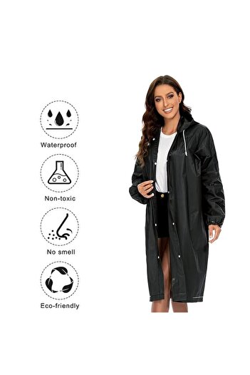 Optim Solution Adult Rain Poncho, EVA, Waterproof, Wind-resistant, Hood, Side Snaps, Unisex, Black