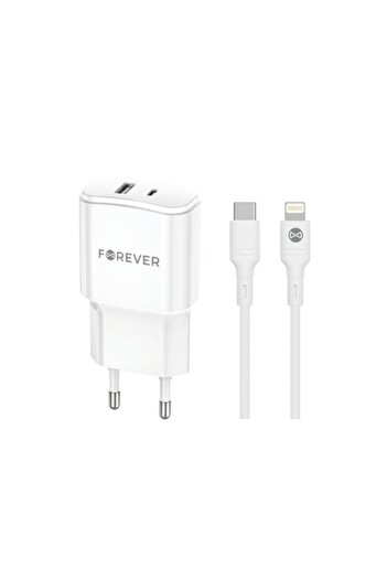Forever TC-01-20AC PD/QC Charger 1x USB-C + 1x USB 20W White + USB-C to Lightning Cable 20W