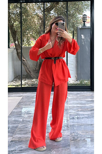 My Blog Dark Orange Shawl Collar Kimono Pants Set - 98655