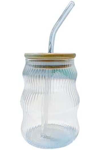 STOREMAX Goldwhirl 500ml Glass with Bamboo Lid, Glass Straw with Silicone Lid Seal, Stripe Pattern Cold Drinks I
