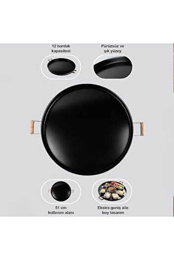 STOREMAX Metal 51cm Black Metal Tray with Wooden Handles Round Tea Tray Presentation Tray Large Tray with Wooden Handles