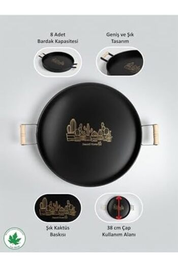 STOREMAX Metal 37cm Black Metal Tray with Wooden Handles Round Tea Tray Presentation Tray Coffee Tray with Wooden Handles