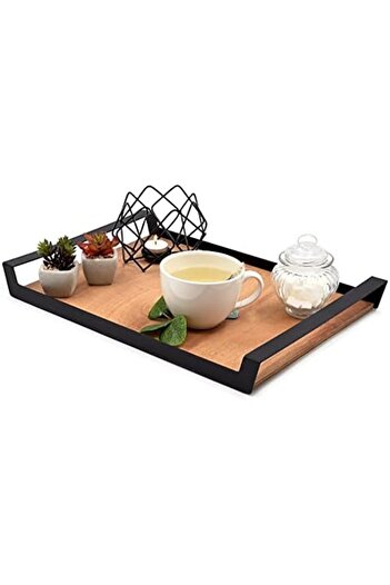 STOREMAX Large Raw Color Serving and Presentation Tray, Wooden Tray with Metal Handles - 48.5X32 cm 1088605