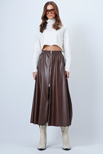 VAGGON Elastic Waist Zippered Faux Leather Skirt