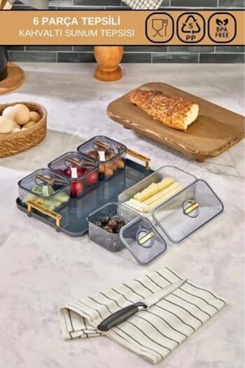 STOREMAX Goldwhirl Luxury 5-Compartment 6-Piece Breakfast Set with Tray, Stylish and Functional Acrylic Tray Luxury 5