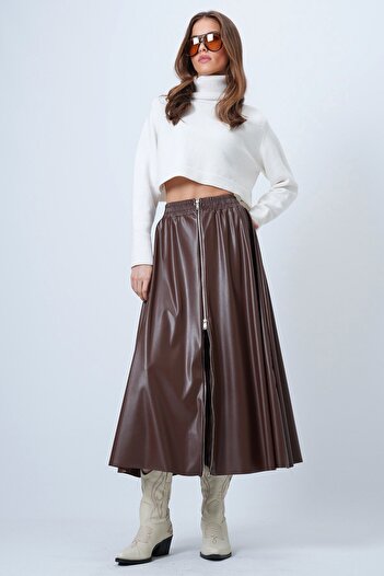 VAGGON Elastic Waist Zippered Faux Leather Skirt