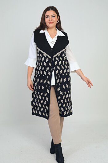 By Saygı Women's Geometric Pattern Pocketed Plus Size Long Knit Vest