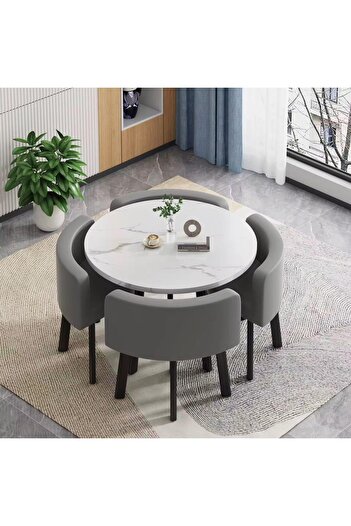 Generic 5-Piece Round Dining Table Set for 4 with 4 Upholstered Chairs - Gray Chairs & White Table