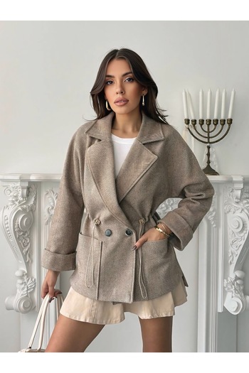 chwain Women's Herringbone Detailed Adjustable Short Coat