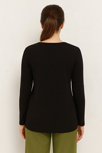 Seamoda Plus Size Round Neck Long Sleeve Ribbed Blouse