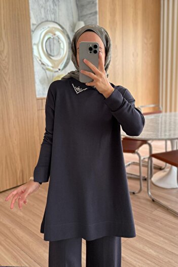 Ka Hijab Slit Detail Collar Stoned Mercerized Suit - Smoked