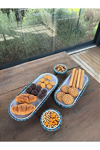 Home Inn Home Textile 4-Piece Wicker Look Serving and Presentation Set – for Stylish Table Presentations - Blue
