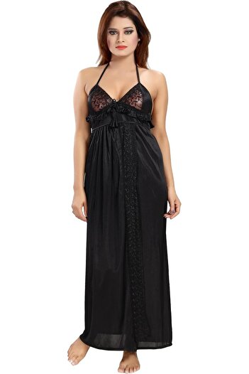 Generic Romaisa Women's Satin Solid Maxi Length Nighty with Robe (Size - Free Size) (Nightwear Set Pack of 2