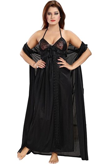 Generic Romaisa Women's Satin Solid Maxi Length Nighty with Robe (Size - Free Size) (Nightwear Set Pack of 2