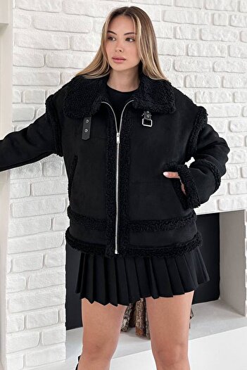VAGGON Plush Lined Zippered Buckle Jacket