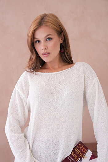Park Karon Women's Kemik Basic Oversize Boat Neck Textured Knit Sweater 8529Sw