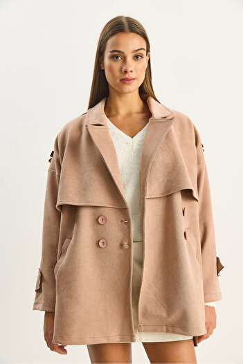 Bianco Lucci Women's Kruaze Collar Aller Detailed Epaulet Belted Pocketed Suede Trench Coat 99007 60283661
