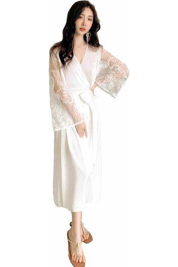 Generic Vinmass Women Chiffon Silky Nightdress V-Neck Lace Long Sleeve - White, One Size