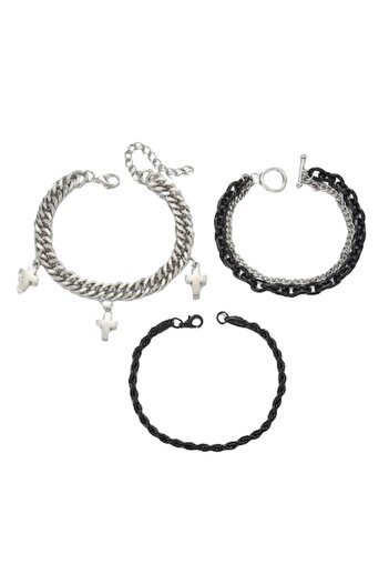 Tessero - Set de trei brățări din oțel inoxidabil (cruce, lanț cubanez, frânghie), argintii și negre