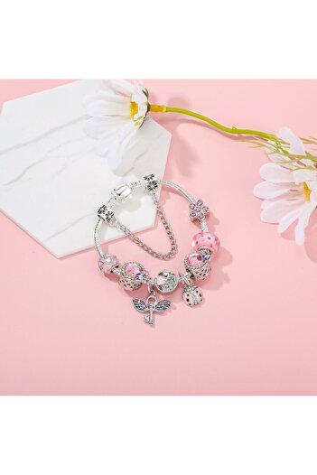 Tessero women's charm bracelet - ladybug & winged key, silver-plated, 18 cm
