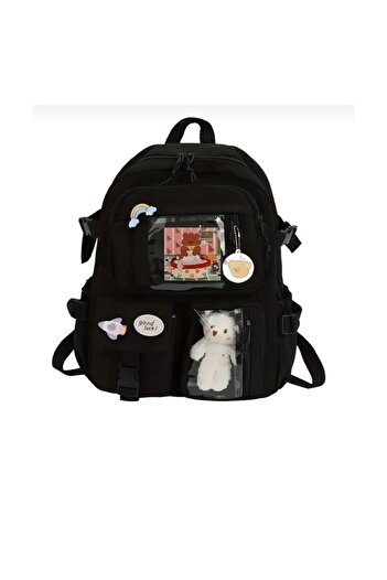 DEEFWEAR Kawaii Korean Style Teddy Bear School Backpack Black - with Lunch Gift (Badges Not Included)
