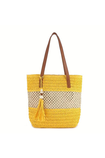 Büyük Hanım Medium Size Yellow-Cream Color Zippered Lined Straw Bag