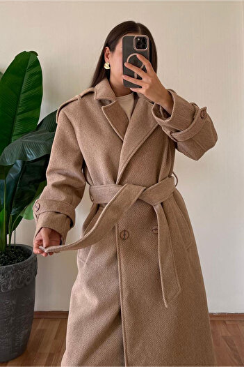 Nazline Women's Double Pocket Double-Breasted Collar Belted Cashmere Coat