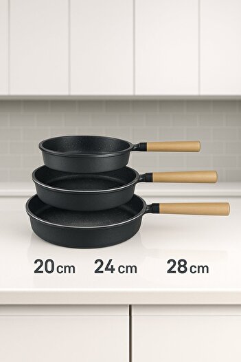 Comprox Black Line 20-24-28 cm 3-Piece Cast Iron Pan Set |   Non-Stick, Heat Resistant, Granite