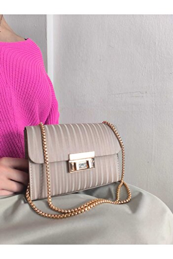 Butik Tuğbam Metallic Smoked/Grey Corded Quilted Rose Gold Chain Strap Crossbody Bag