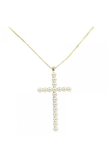 ElectraStore Gold Necklace With Cross Pendant With Pearls - C4272