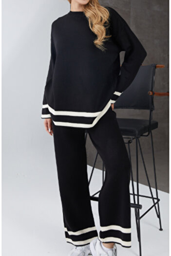 ZY BUTİK Black Stripe Detailed Crew Neck Pants Two-Piece Knitwear Set