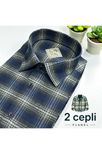 EREN STYLE Cămașă clasică, 100% bumbac, cu mâneci lungi, fără transpirație, din țesătură de flanel de iarnă, cu două buzunare, cu clapă, albastru închis (Reg