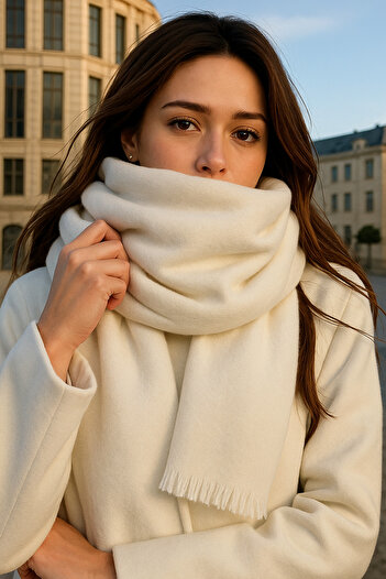 MYZİ STORE Women's Beige - Cream - White Thick Winter Shawl – Oversize Shawl