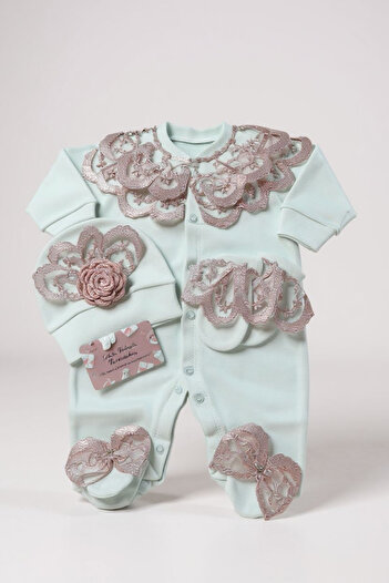 Şeker Tadında Tasarımlar Powder Knit Rose Detailed Newborn Baby Girl Romper Set
