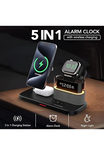 Panda XVersion 5-in-1 Wireless Fast Charging Station w/ Alarm Clock & Night Light, 15W Qi - Black